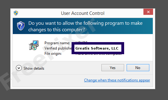 Screenshot where Greatis Software, LLC appears as the verified publisher in the UAC dialog